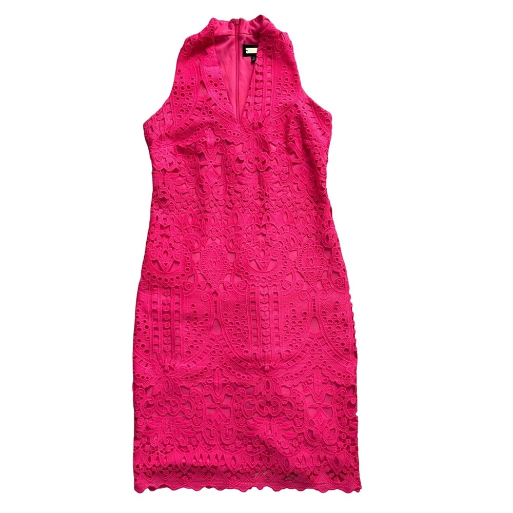 Adrianna Papell Pink Lace Dress Sleeveless High Neck V-Cutout D3515 Size 4